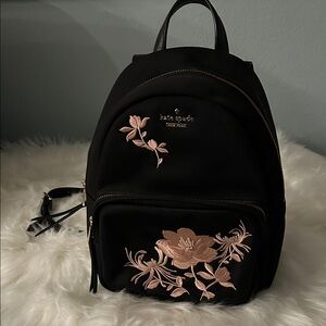 Kate Spade Black Backpack with Pink Floral Embroidery